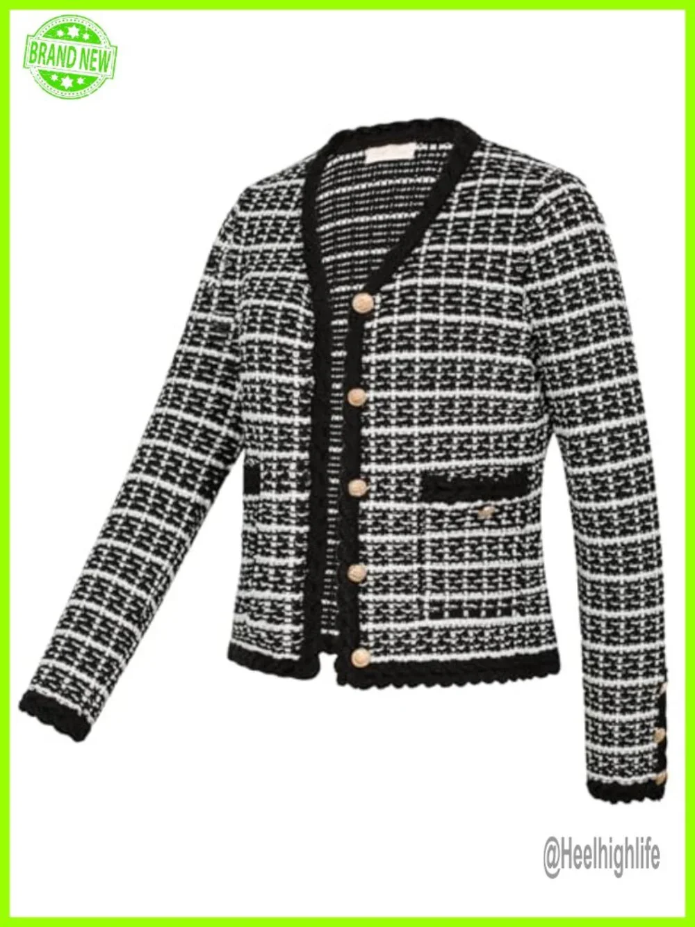 Tweed Pattern V Neck Cardigan Sweater Blazer with Pockets